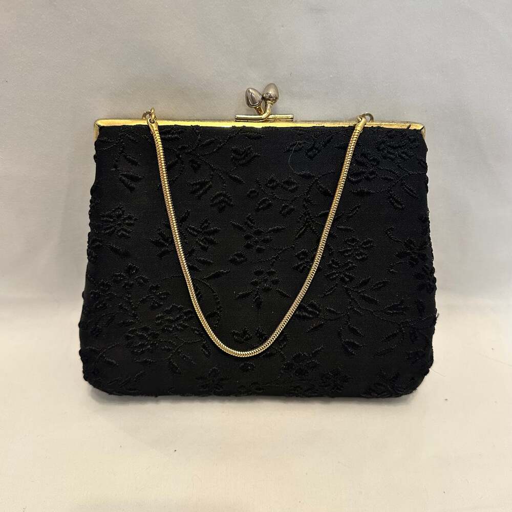 Vintage Harry Levine Black Brocade Evening Clutch Bag with Gold Tone Chain
